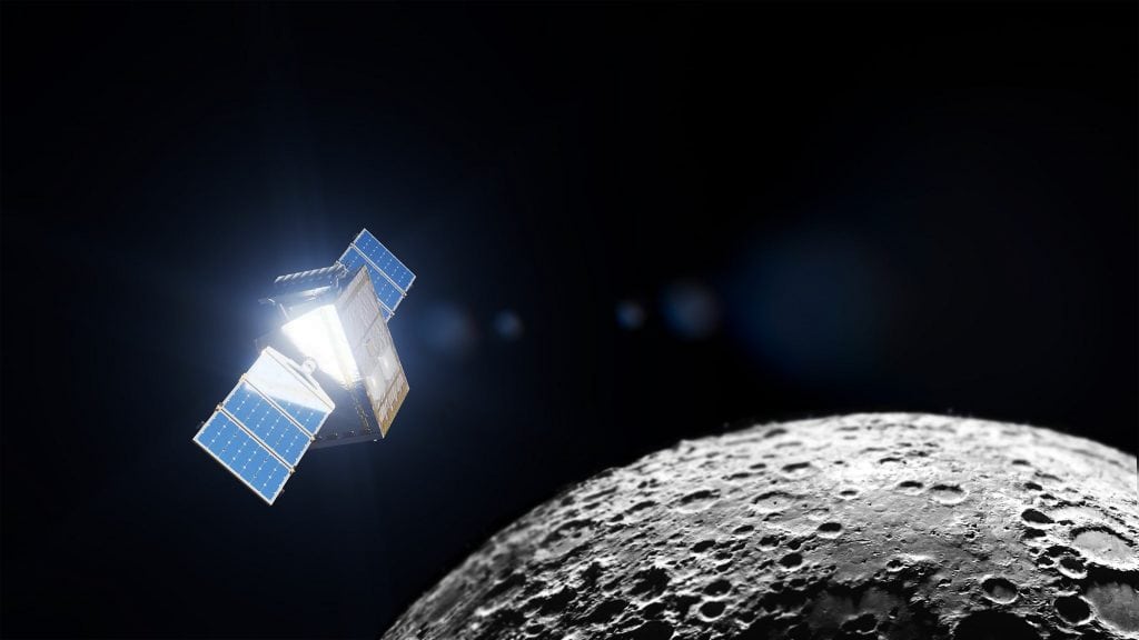 Conceito artístico da sonda Lunar Trailblazer na órbita da Lua