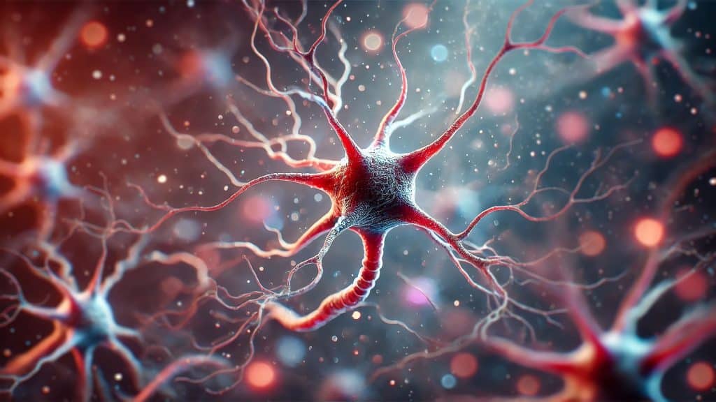 Ilustração mostra como neurônios se formam, destacando sua estrutura complexa com dendritos e axônios, representando comunicação neural e função cerebral