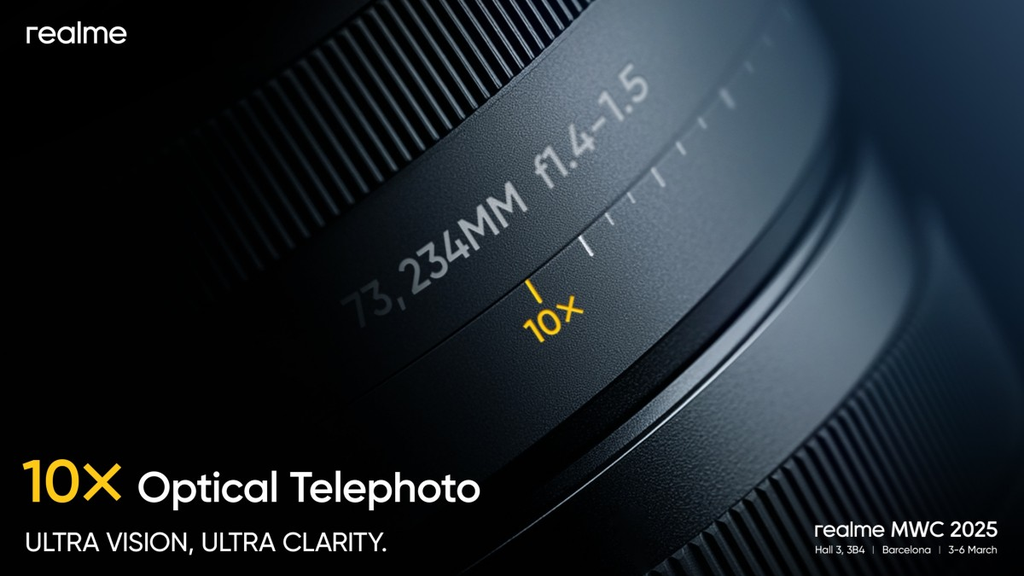 Banner promocional da Realme com o detalhe de uma lente profissional