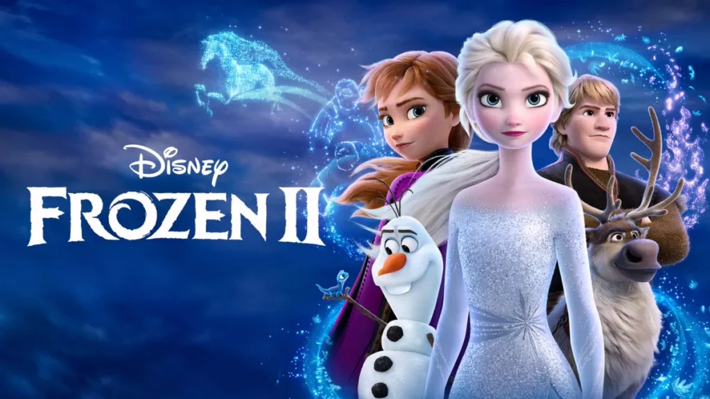 Duas meninas, uma de cabelo loiro e outra cor castanho claro, um boneco de neve, um alce e um homem de cabelo claro em um fundo azul com neve.