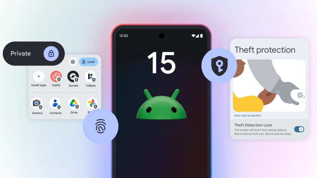 Ilustração de celular com símbolo do Android 15 na tela rodeado dos novos recursos do sistema operacional
