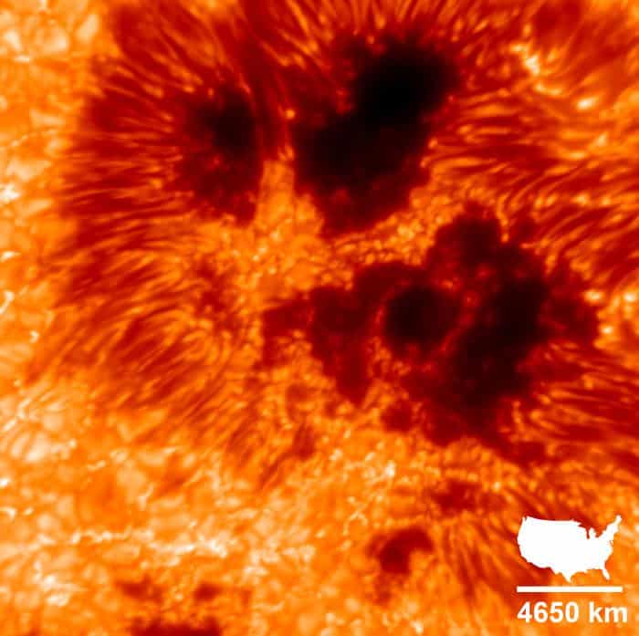 Comparação de mancha solar com o tamanho dos Estados Unidos