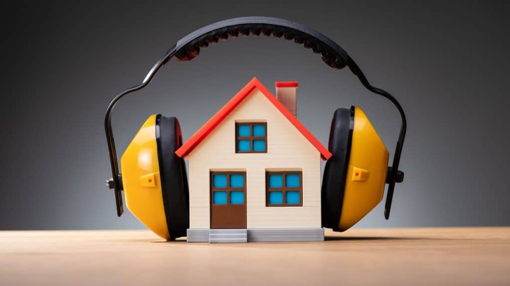 Proteção contra ruídos altos em casa. Proteção sonora para construção. Imagem com arte com casa pequena com fones de ouvido.