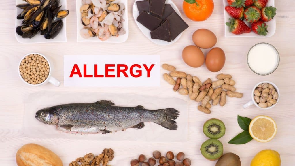 A imagem mostra uma mesa clara com diversos alimentos que podem causar alergias alimentares. No centro, há um peixe inteiro sobre um pedaço de papel, com uma placa acima dele onde está escrito "ALLERGY" em letras vermelhas.
