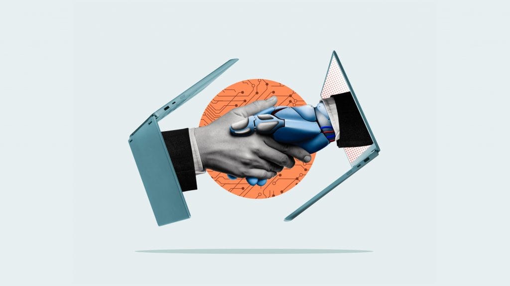 Ilustração de aperto de mão entre pessoa e robô, representando a inteligência artificial; ambas as mãos saem de telas de laptops, que flutuam na diagonal