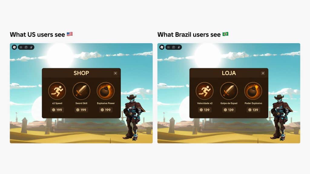 Duas telas mostram a diferença de preços para os itens em experiências no Roblox