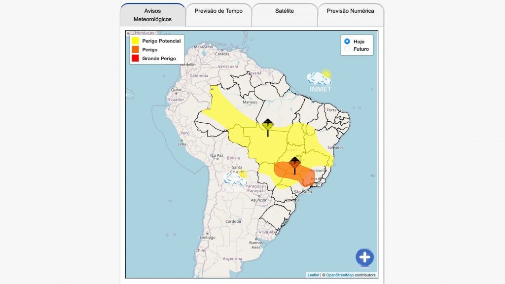 Mapa do Brasil com avisos meteorológicos do Inmet nas cores laranja e amarelo para o dia 16 de abril