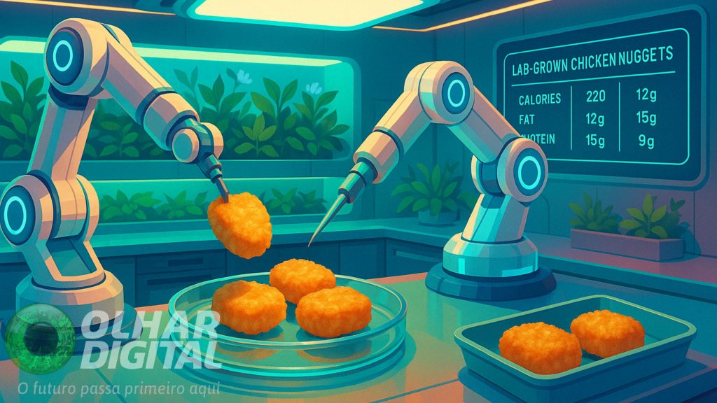 Ilustração de braços robóticos produzindo nuggets em laboratório futurista