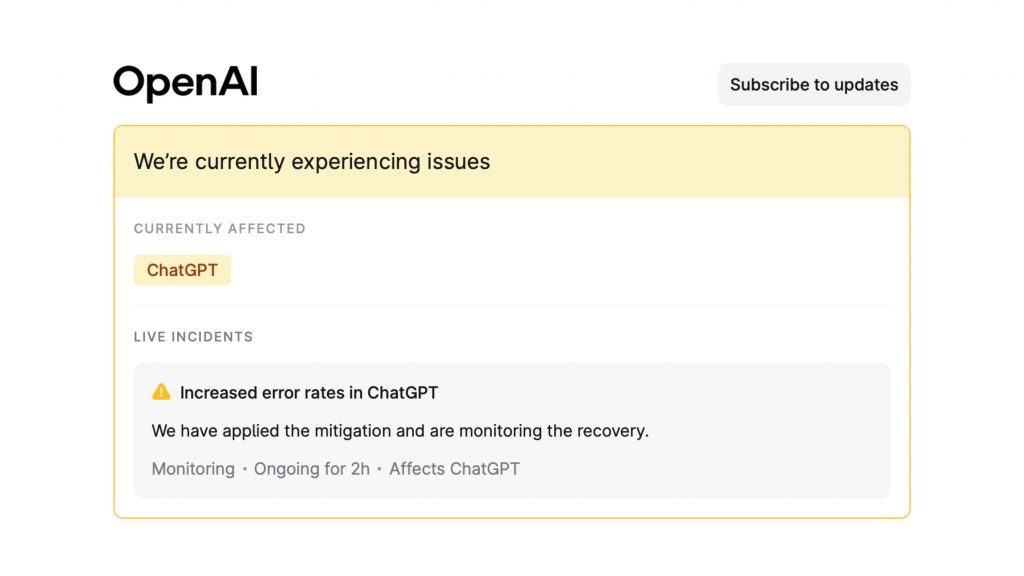 Captura de tela de janela de erro na página de status da OpenAI; empresa informa que erro afeta ChatGPT