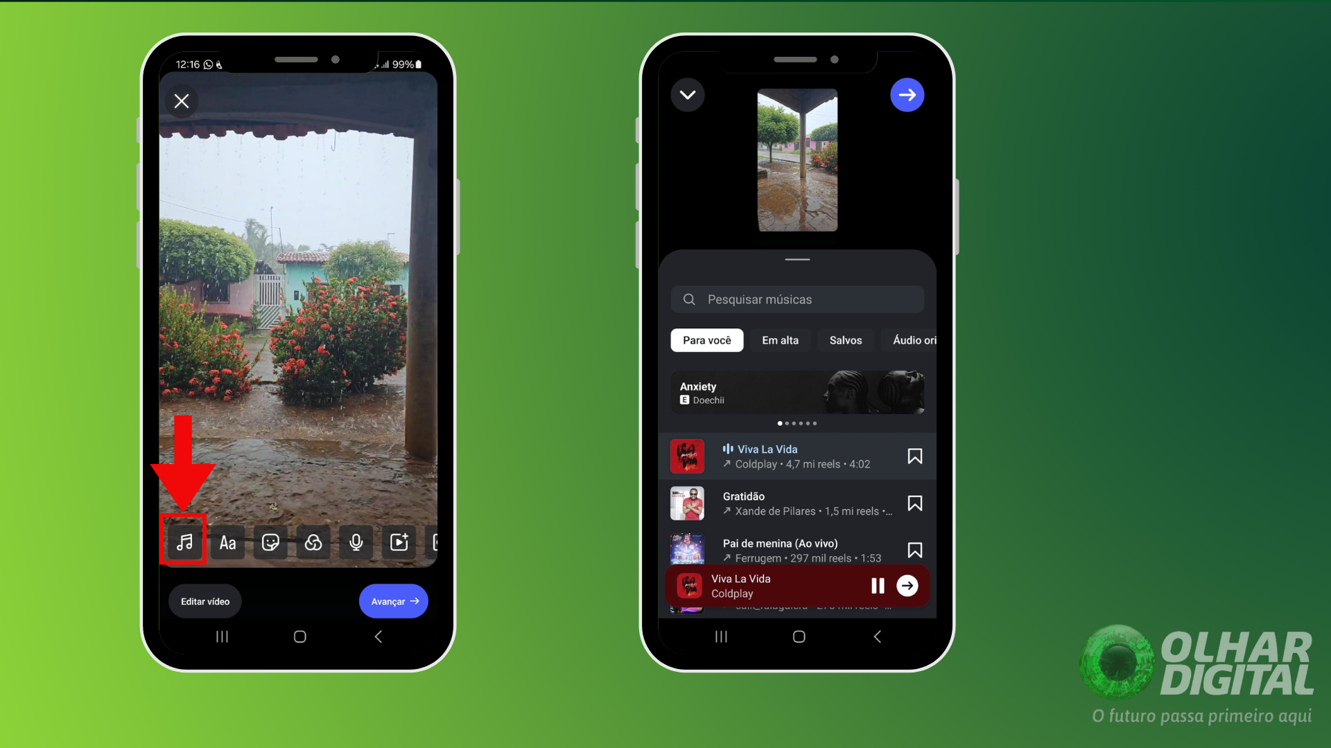 Primeiro passo para colocar legendas de músicas em Reels