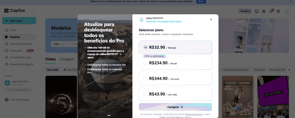 Planos para o CapCut Pro para usar na web