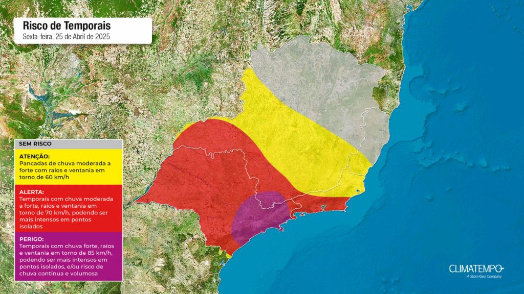 Mapa de previsão do tempo para o Sudeste em 25 de abril