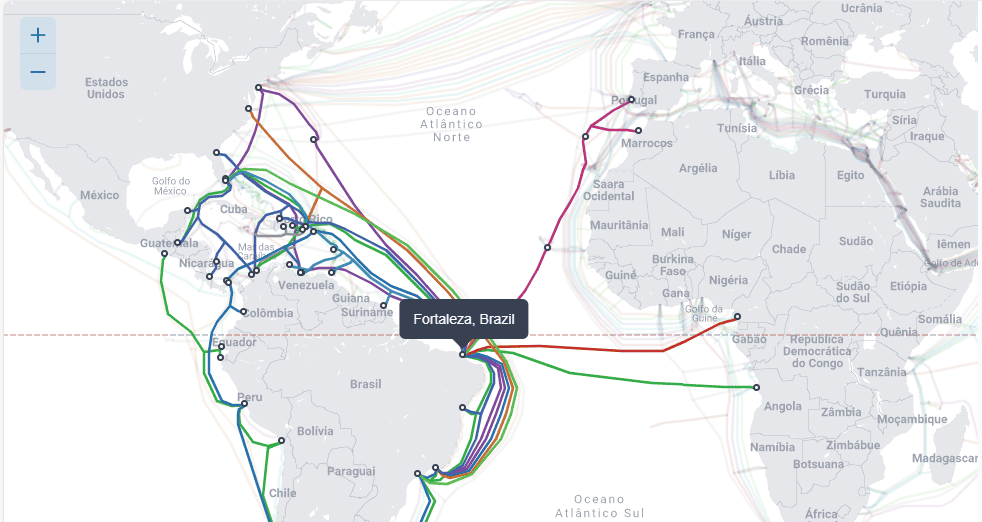 Disposição dos cabos submarinos que chegam em Fortaleza