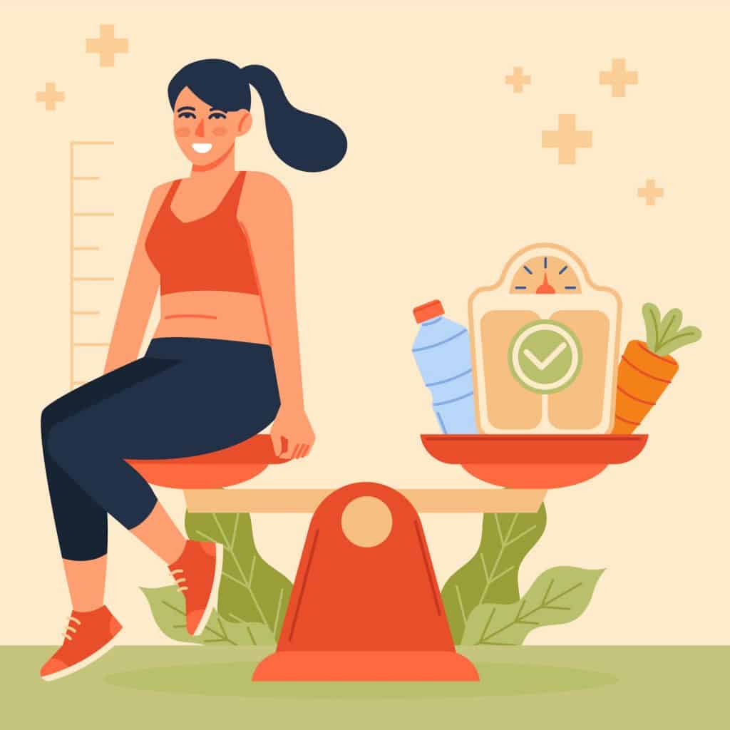 ilustração pessoa em cima de uma balança com alimentos na outra ponta