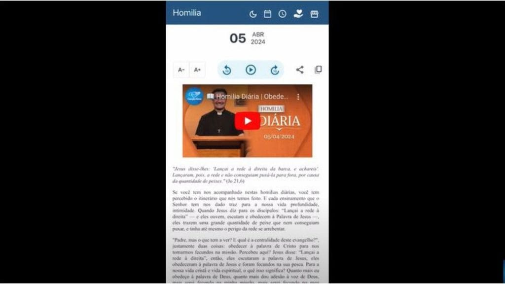 print da apresentação em vídeo do aplicativo Liturgia Diária no Google Play.