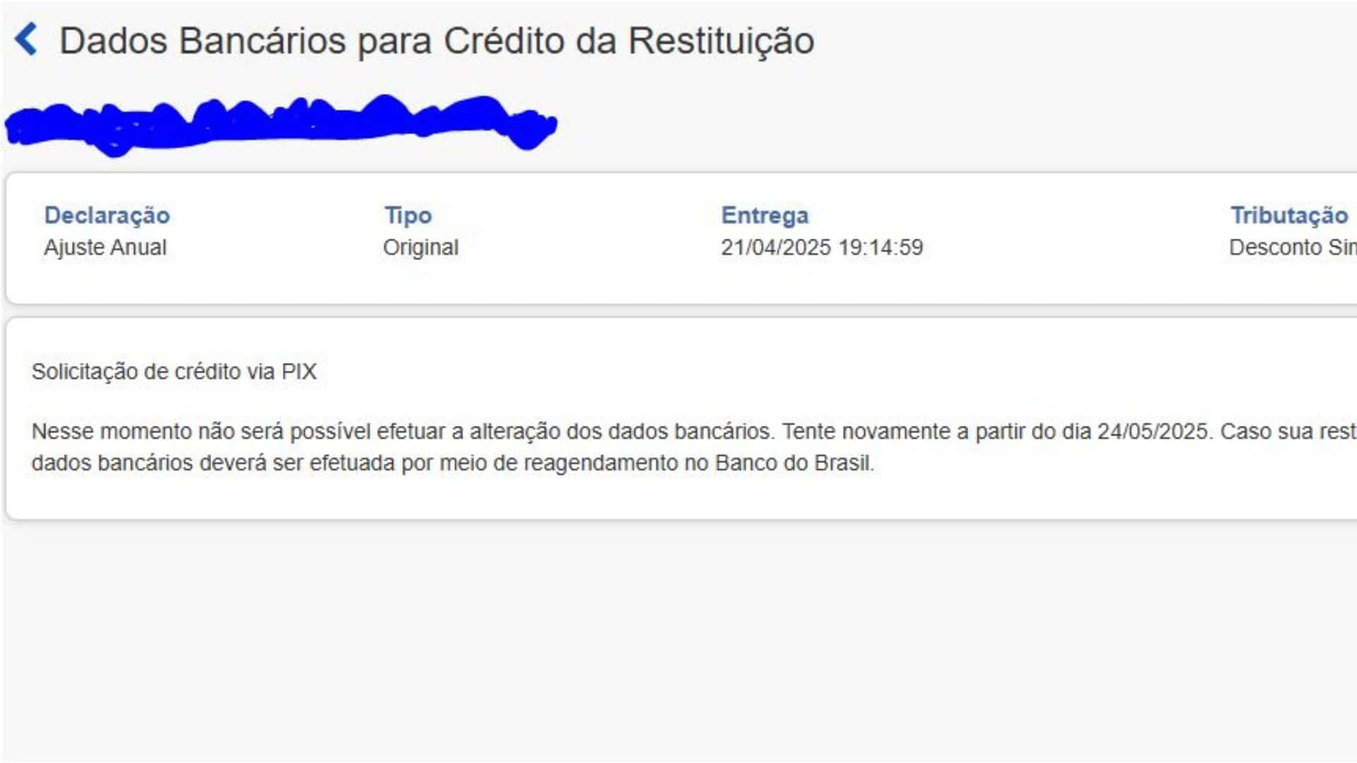 Print de tela do Meu Imposto de Renda na parte de alteração de conta bancária