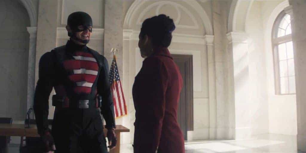 Com novo uniforme, John Walker finalmente assume o traje de Agente Americano. Imagem: Marvel Studios/Divulgação