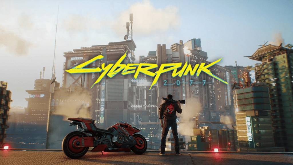 Pôster do jogo Cyberpunk 2077, que mostra uma pessoa em pé quase desfocada e a cidade do game no fundo