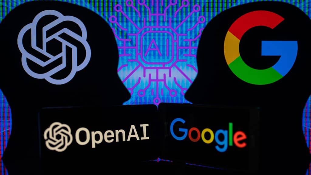 Silhuetas de cabeças humanas com logotipos da OpenAI, do ChatGPT e do Google