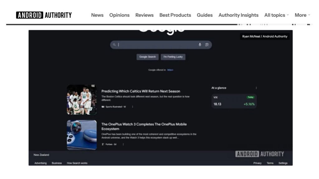 Captura de tela de captura de tela do Android Authority mostrando Google Discover na busca do Google num computador