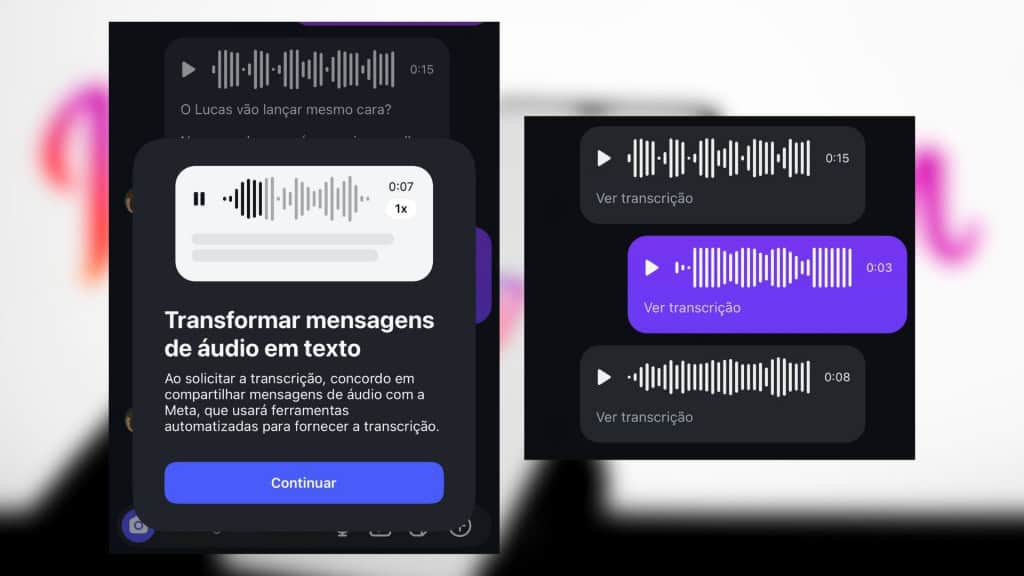 Montagem com capturas de tela de transcrição de áudio no Instagram
