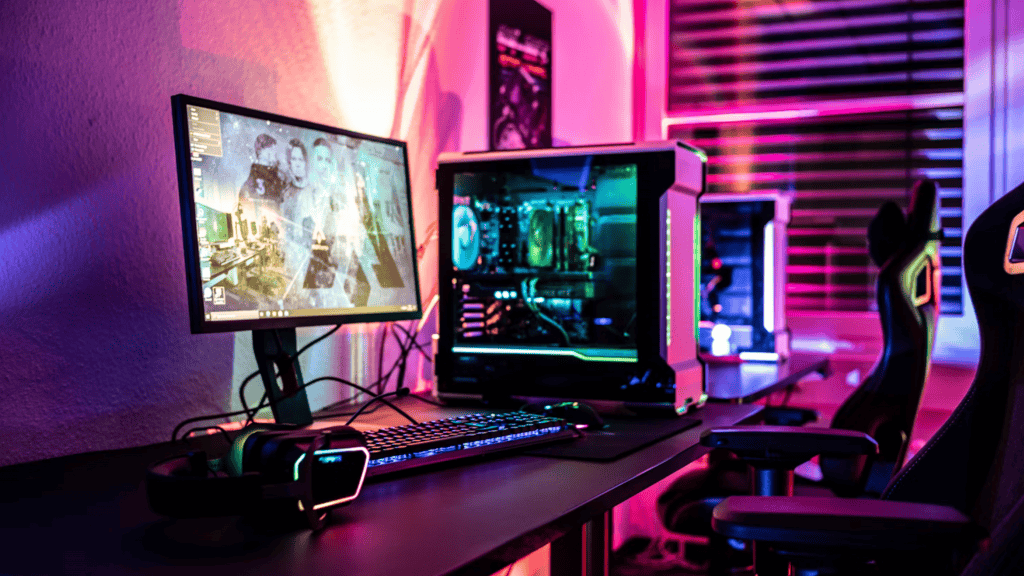imagem mostra uma mesa que resguarda um pc gamer
