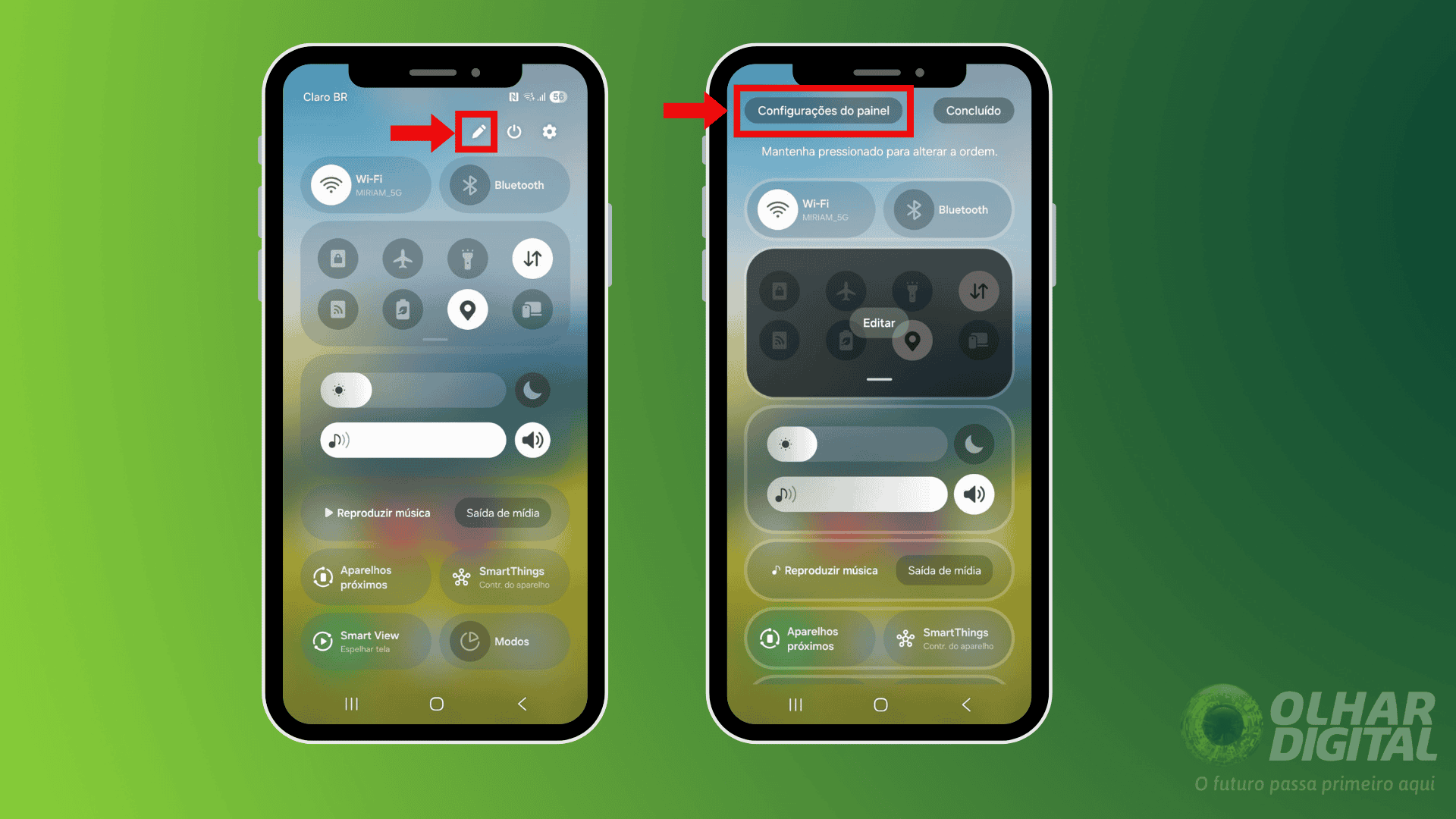 Primeiro passo para alterar o acesso às notificações e painel de configurações rápidas