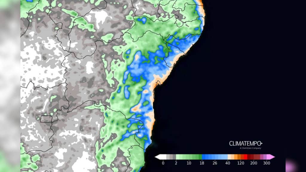 Mapa de previsão de acumulado de chuva para entre 13 de maio e 17 de maio de 2025 focado no estado da Bahia