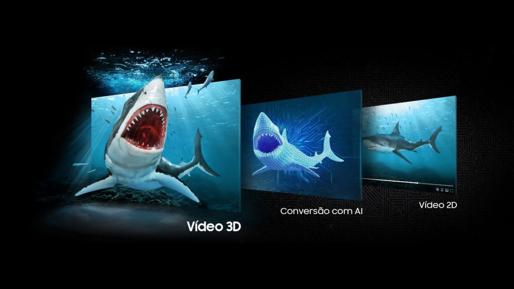 Montagem com três imagens de tubarão no fundo do mar mostrando como imagens ficam tridimensionais no Odyssey 3D, novo monitor gamer da Samsung