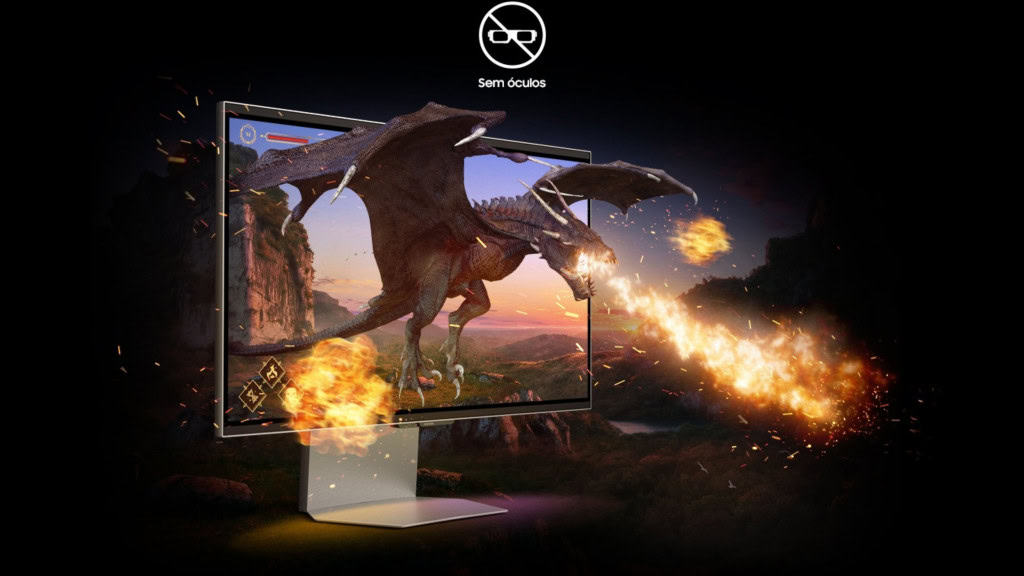 Montagem com dragão cuspindo fogo saindo da tela do Odyssey 3D, novo monitor gamer da Samsung
