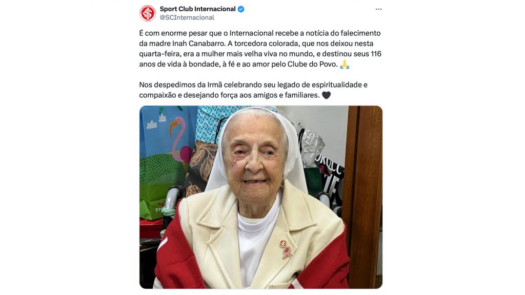 Captura de tela de postagem do Sport Club Internacional no X, antigo Twitter, em homenagem à freira Inah Canabarro Lucas, que era a pessoa mais velha do mundo