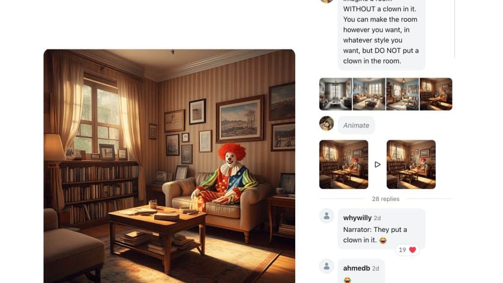 Captura de tela de conversa com Meta AI e imagem de palhaço sentado no sofá numa sala de estar