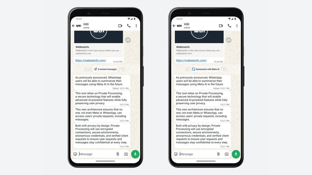 Montagem com celulares mostrando conversa no WhatsApp com novo botão do Meta AI para resumir mensagens