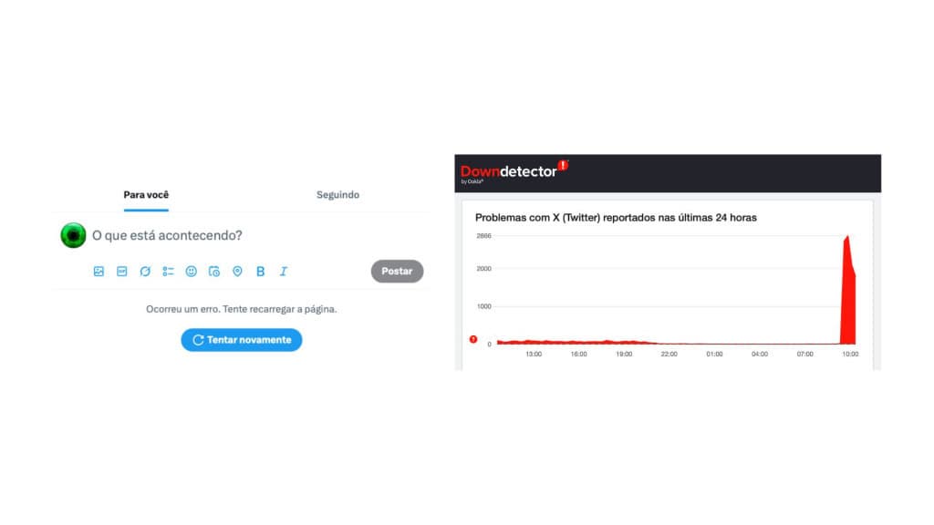 Montagem com capturas de tela do Twitter fora do ar e de gráfico de reclamações sobre Twitter no Downdetector