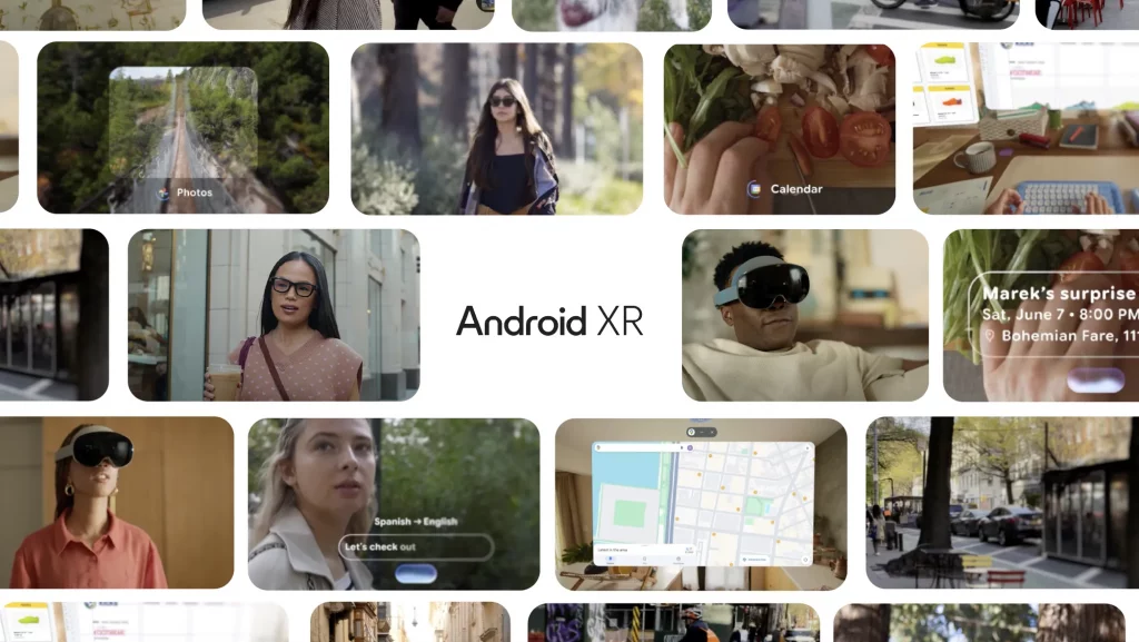 Logo do Android XR ao centro, cercado por imagens de pessoas usando óculos