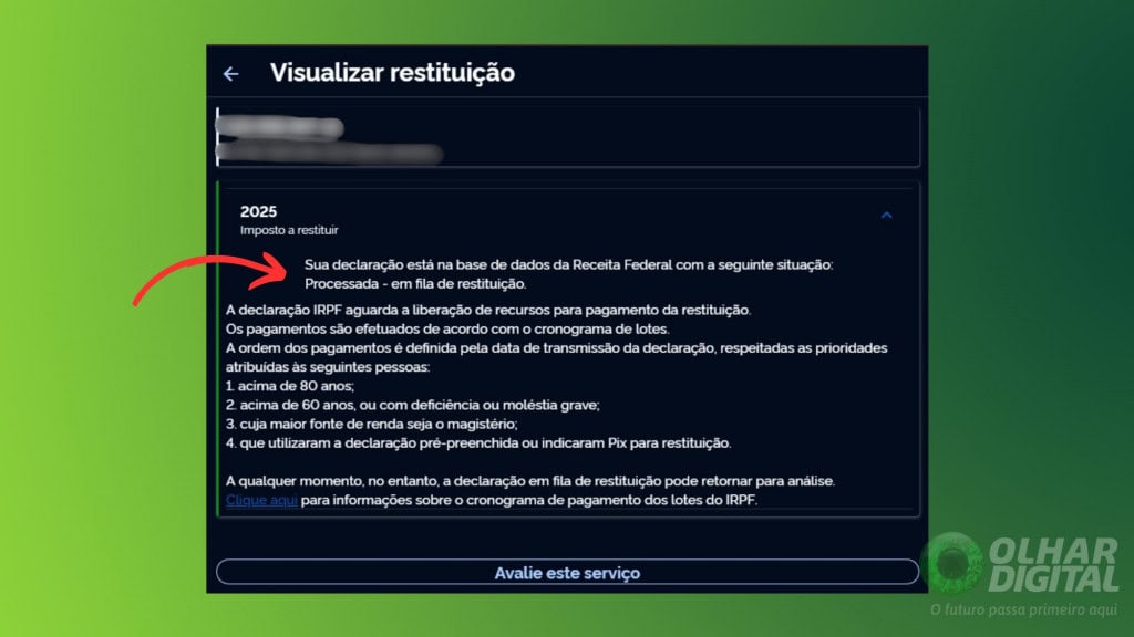 Como consultar a restituição do IRPF 2025 pelo computador - Passo 2