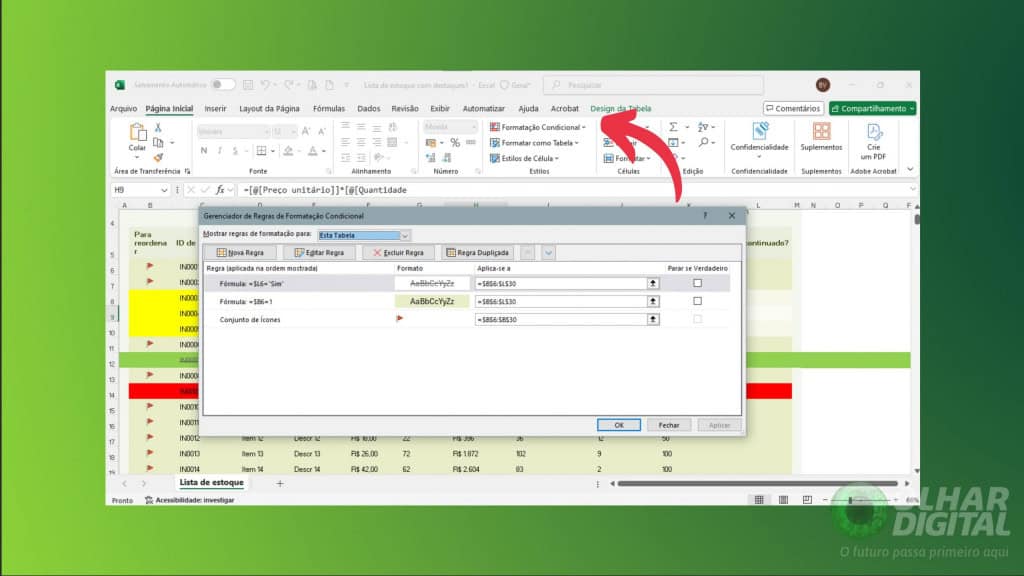 excel gerenciar regras
