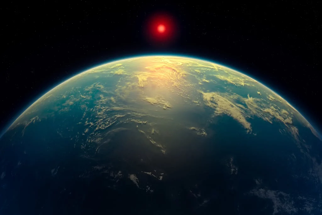 Concepção artística de um exoplaneta Hiceano como K2-18b orbitando uma estrela anã vermelha