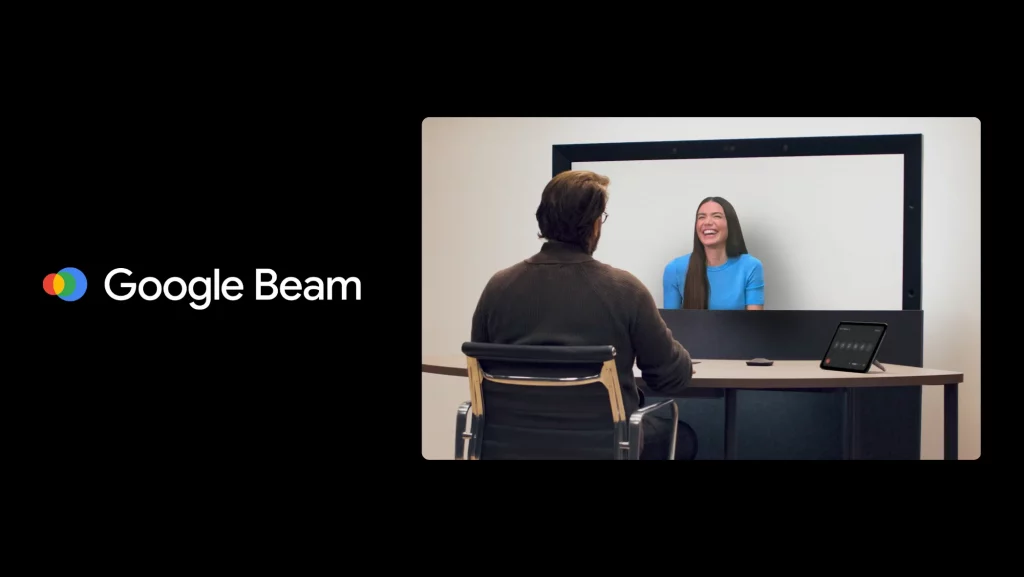 À esquerda, em fundo preto, o ogo do Google Beam; à direita, duas pessoas conversando via teleconferência
