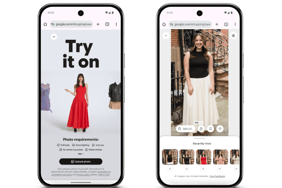 Dois smartphones exibindo duas mulheres com vestidos