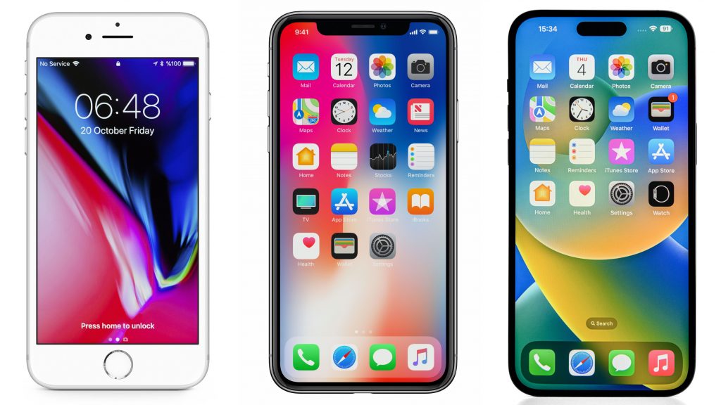 Montagem modelos iPhone 8, iPhone X e iPhone 14 Pro lado a lado