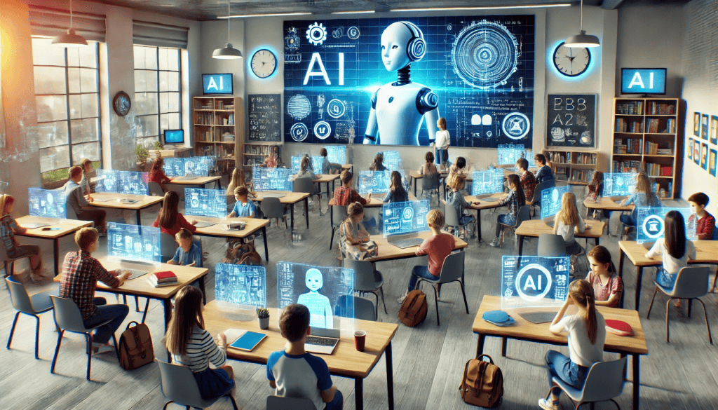 Imagem gerada com inteligência artificial. A imagem é uma ilustração de uma sala de aula. Os alunos sentados nas mesas veem painéis de inteligência artificial. A lousa noc entro da sala mostra um robô humanoide e a palavra "AI"