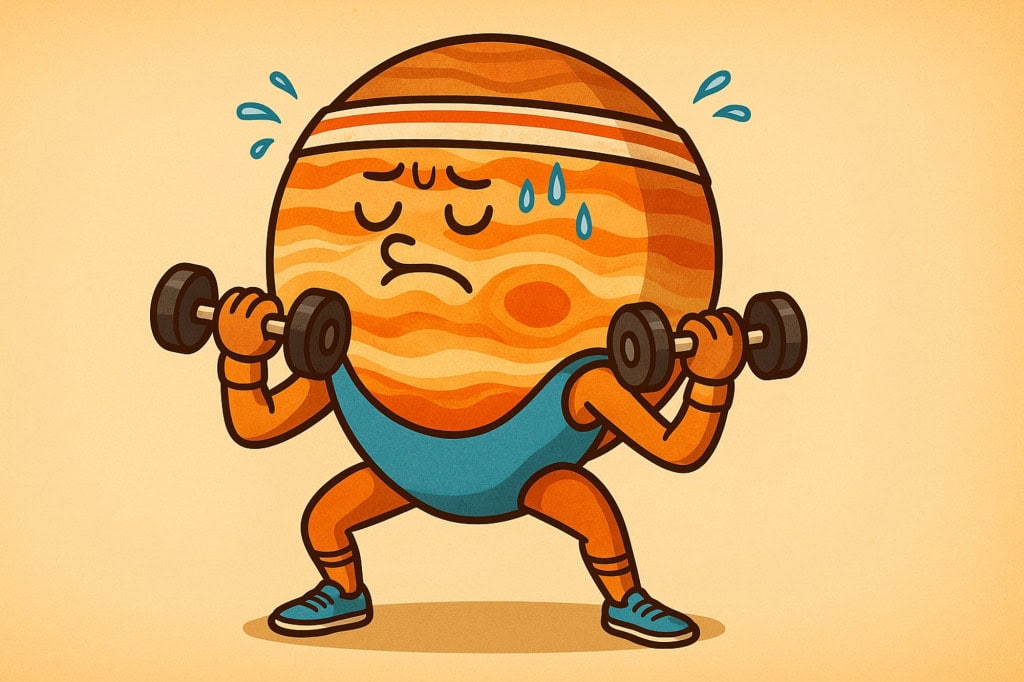 Ilustração de um planeta júpiter malhando para perder peso