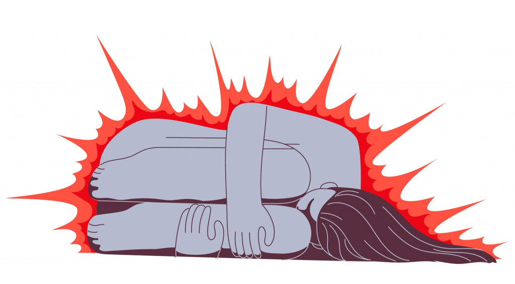 Ilustração de Mulher encolhida no chão em posição de sofrimento emocional
