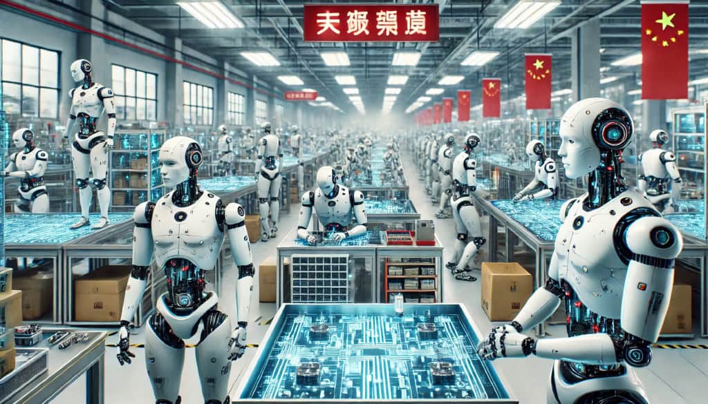 Imagem gerada com IA, mostra robôs humanoides trabalhando em uma fábrica na China