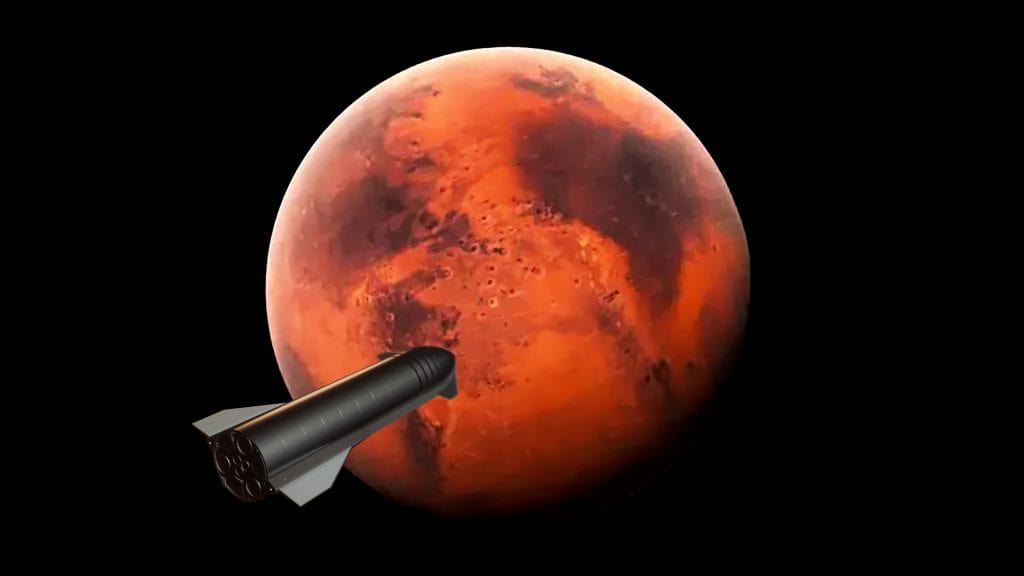 Ilustração de foguete Starship, da SpaceX, chegando a Marte