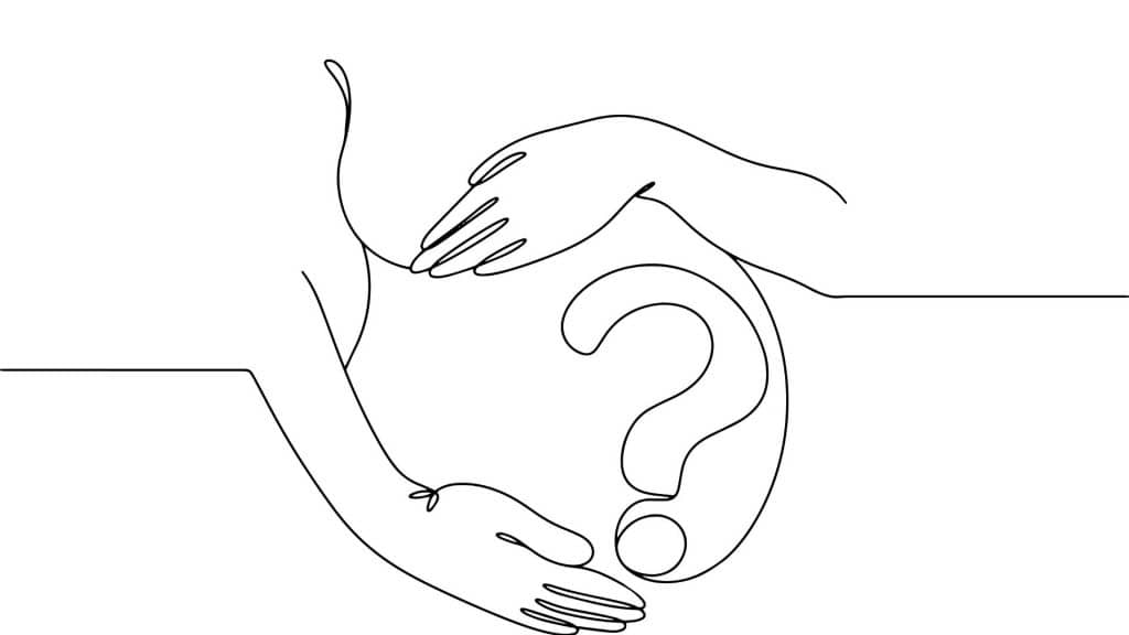 Ponto de interrogação na barriga de uma mulher grávida. A questão do sexo da criança. Ilustração vetorial. Imagens produzidas sem o uso de qualquer forma de software de IA em qualquer etapa.