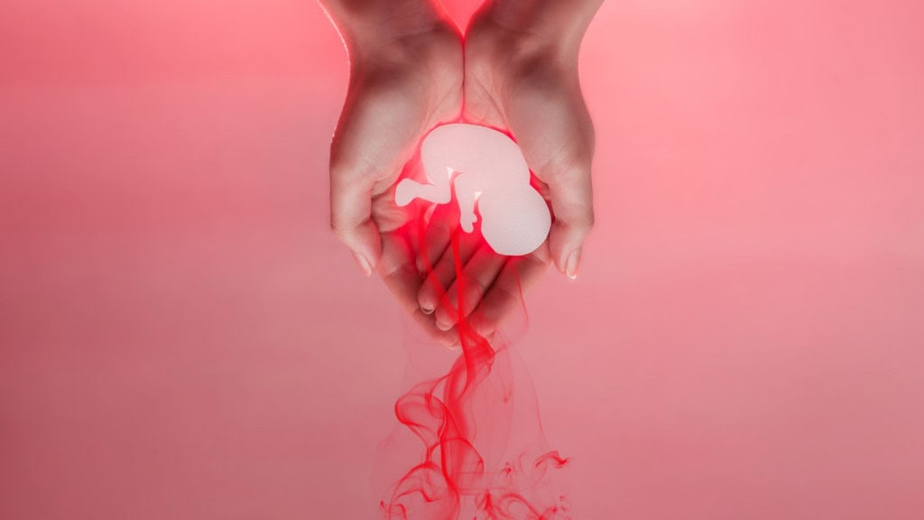Duas mãos seguram delicadamente a silhueta de um feto humano, transmitindo um senso de proteção e fragilidade. O fundo rosa suave contrasta com a fumaça vermelha que parece emanar do feto, criando um efeito visual intenso. A composição simboliza a vida em formação e sua vulnerabilidade.