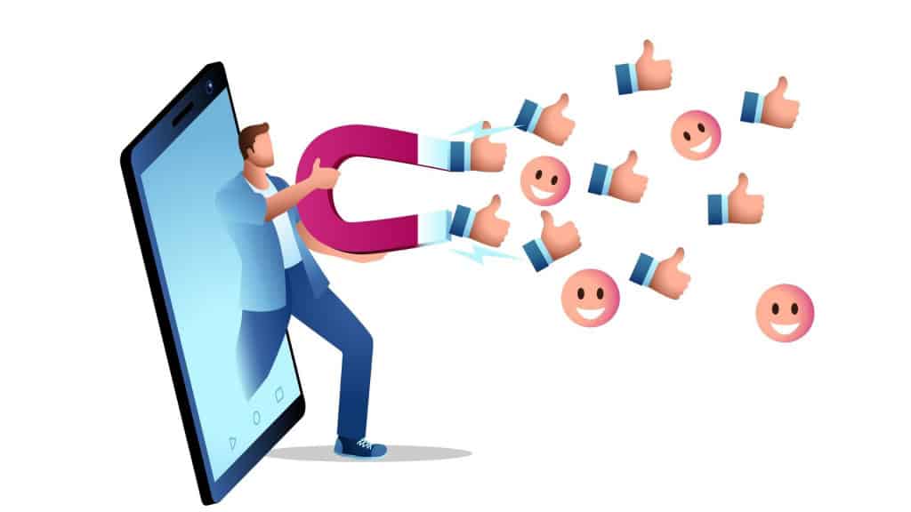 O homem sai do telefone com um ímã gigante para atrair ícones do tipo e emoticons de sorriso, atraindo mais visitantes, tráfego de mídia social, ilustração vetorial