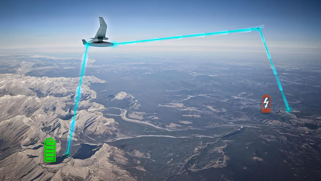 Ilustração de drone da Darpa transmitindo energia